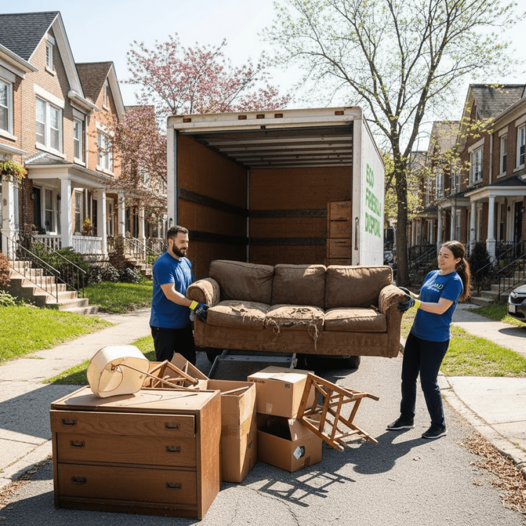 Professional team performing disposal of carpets in the house.