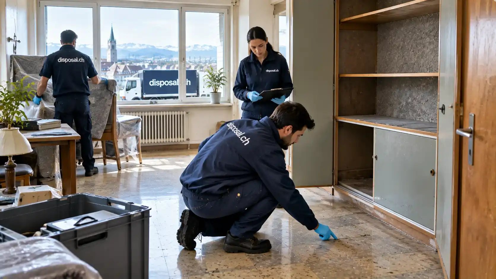 Suspected asbestos in old PVC flooring and furniture panel during an apartment clearance in Zurich